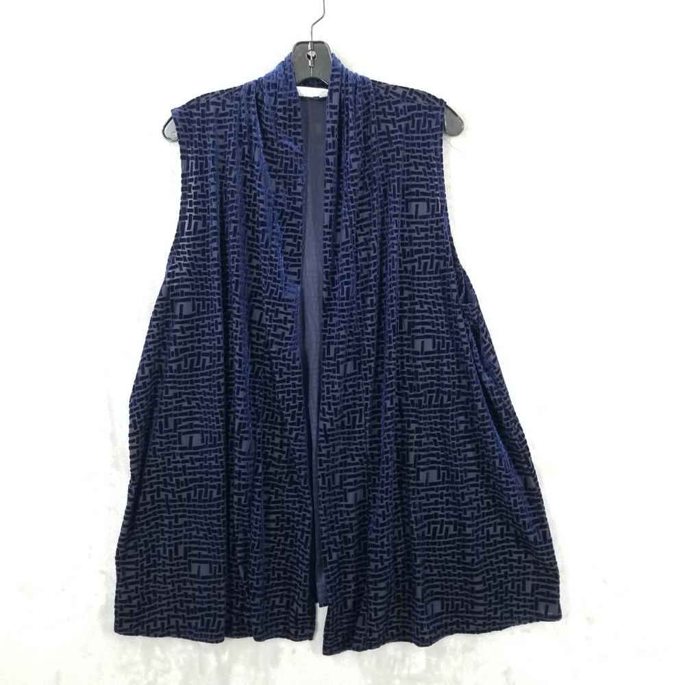Susan Graver Vest Women Large Blue Geometric Burnout Artsy Relaxed Lagenlook Top